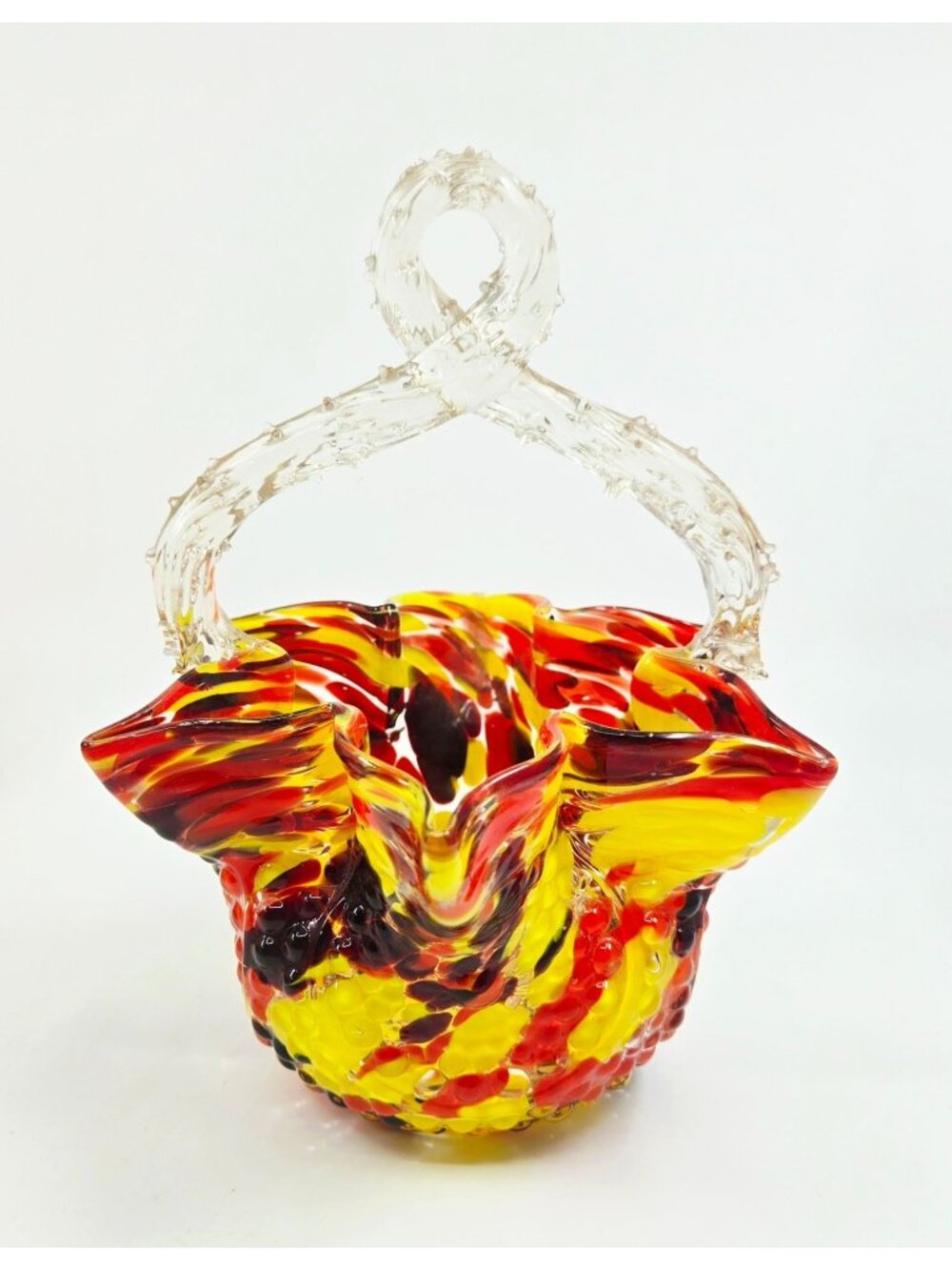 Welz Victorian Speckled Basket with Clear Thorny Twisted Handle, red yellow